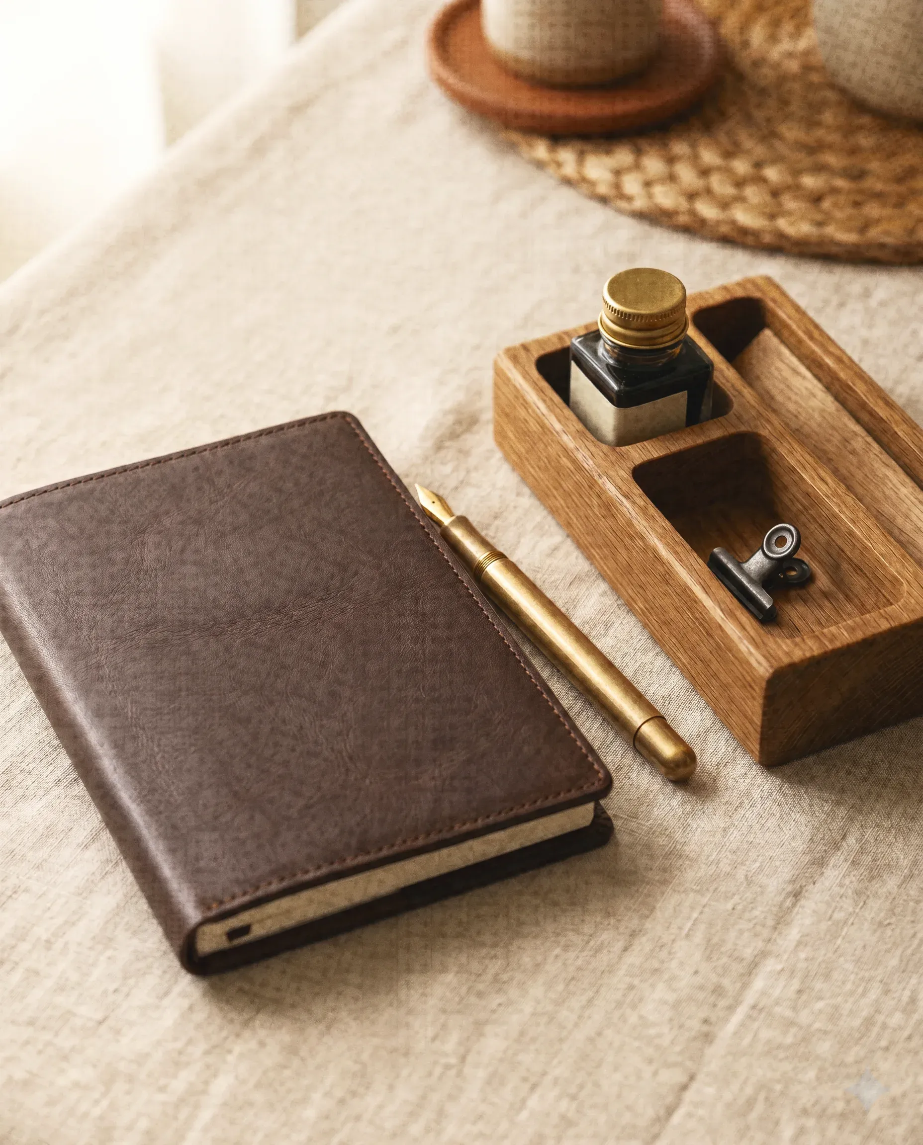 The Kite & Stone desk kit with a notebook, brass pen, and oak organizer.