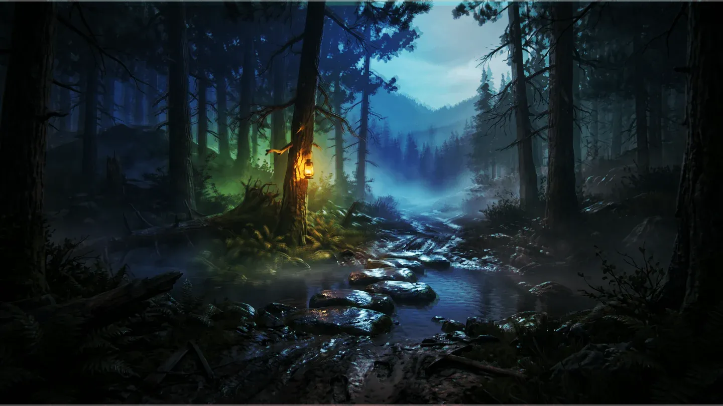 Forest crossing with wet stones and low teal fog.