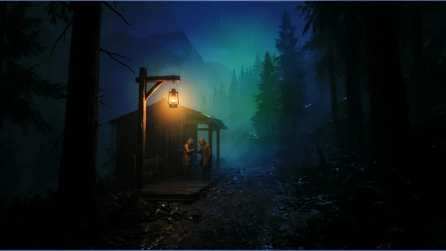 Night dialogue between two figures near a station lantern.