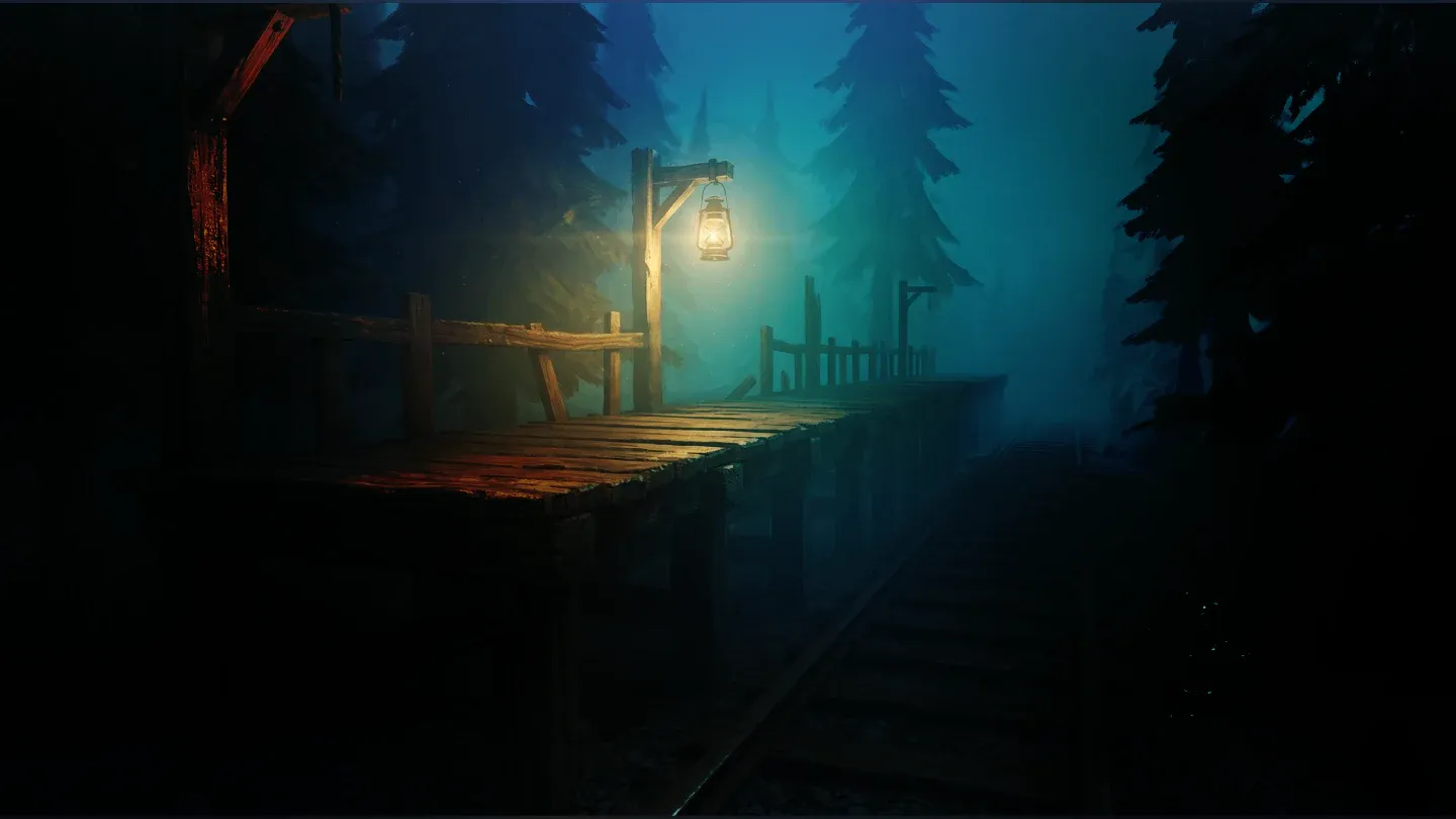 Old platform disappearing into mist and pine shadows.