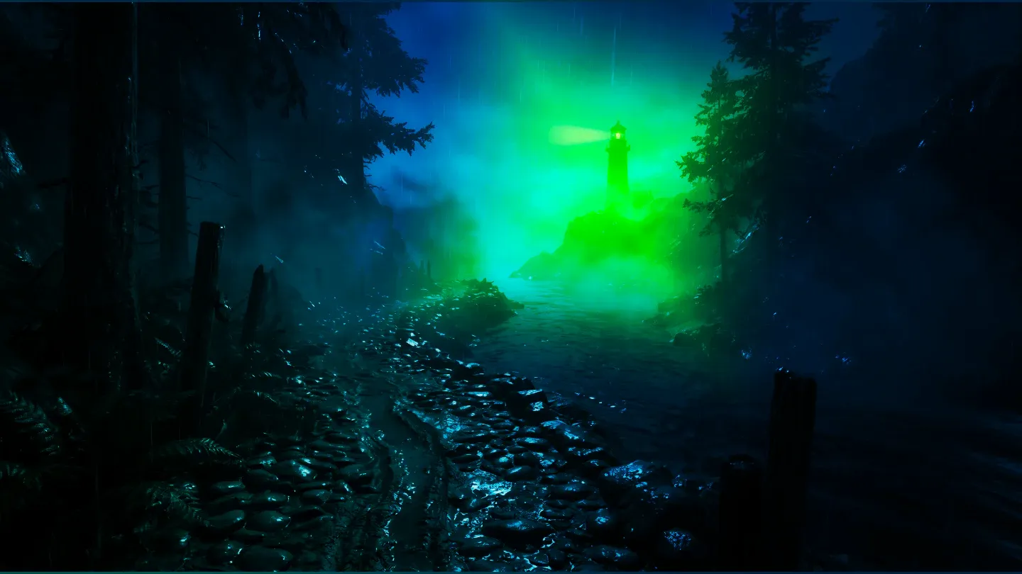 River path under rain with a distant tower silhouette.
