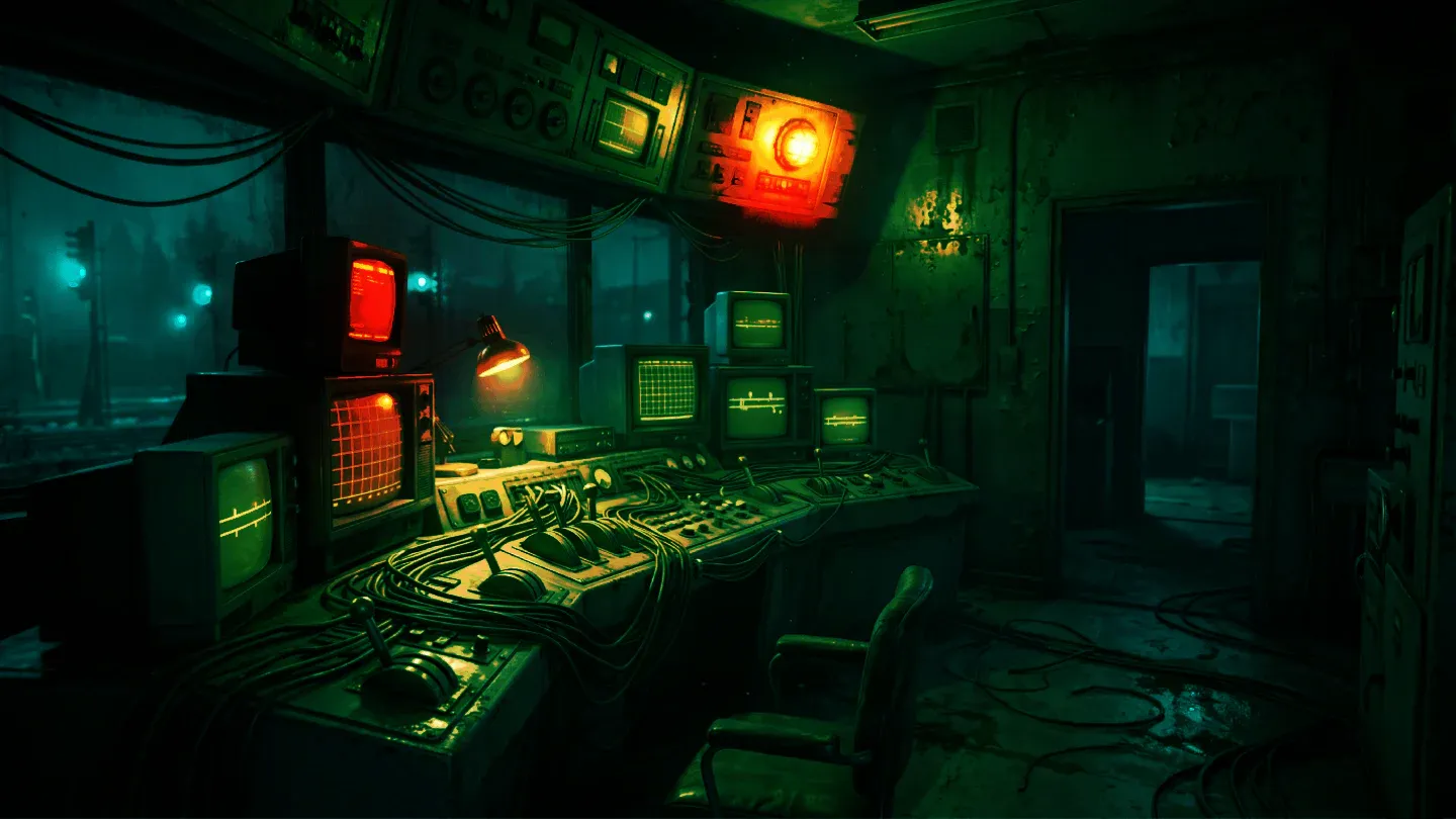 Signal room lit by amber machinery and old monitors.