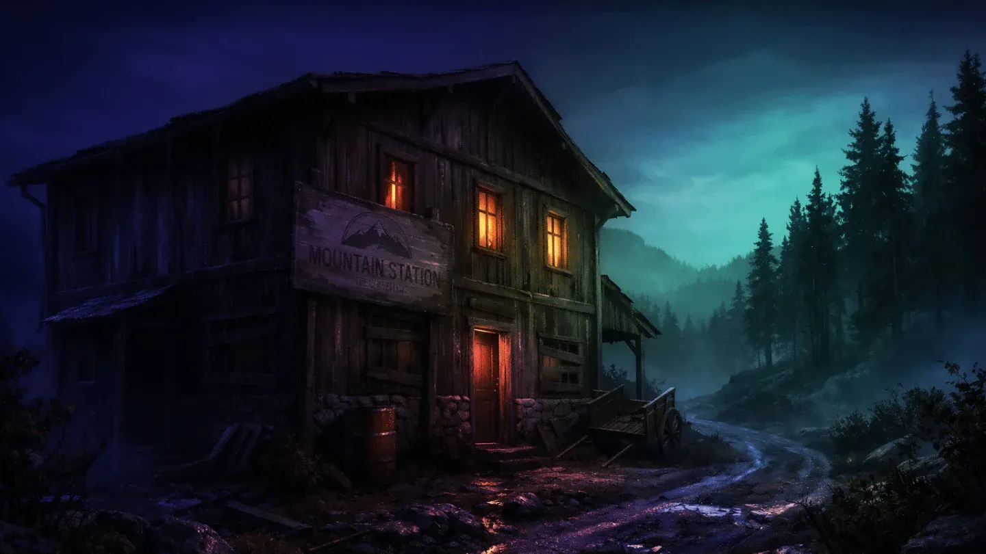 Exterior station beside a dark forest ridge at dusk.