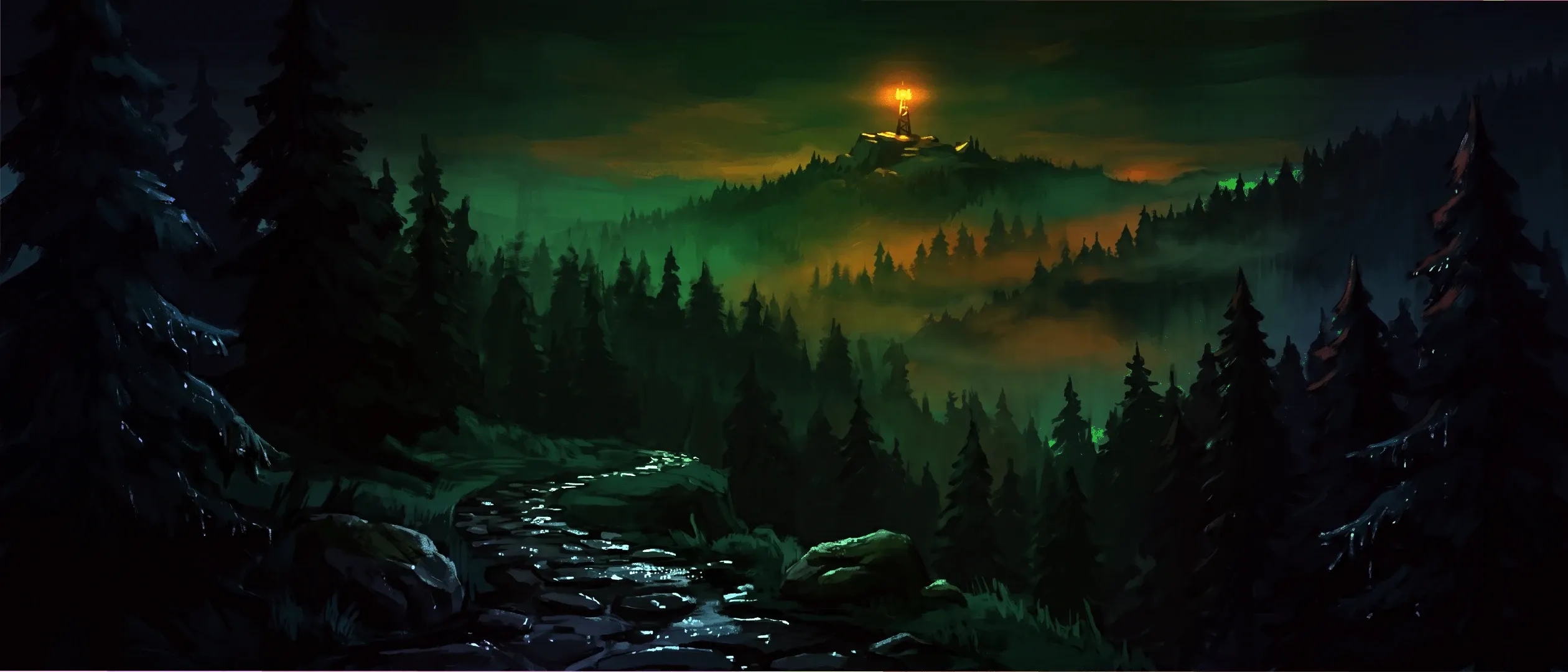 Wide key art of the valley below the last signal tower.