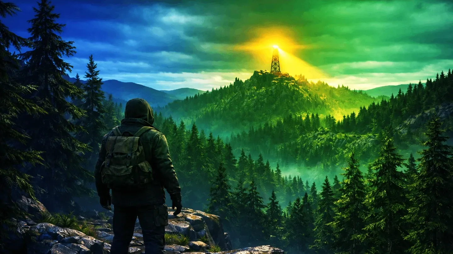 Archive interior with warm light cutting through suspended dust.