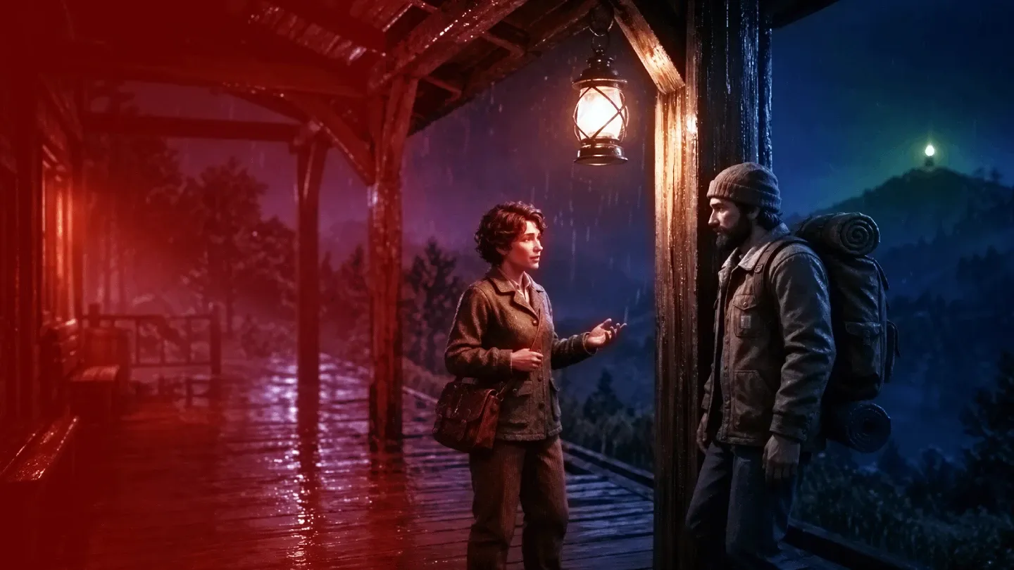 Quiet dialogue scene at a rain-dark station platform.