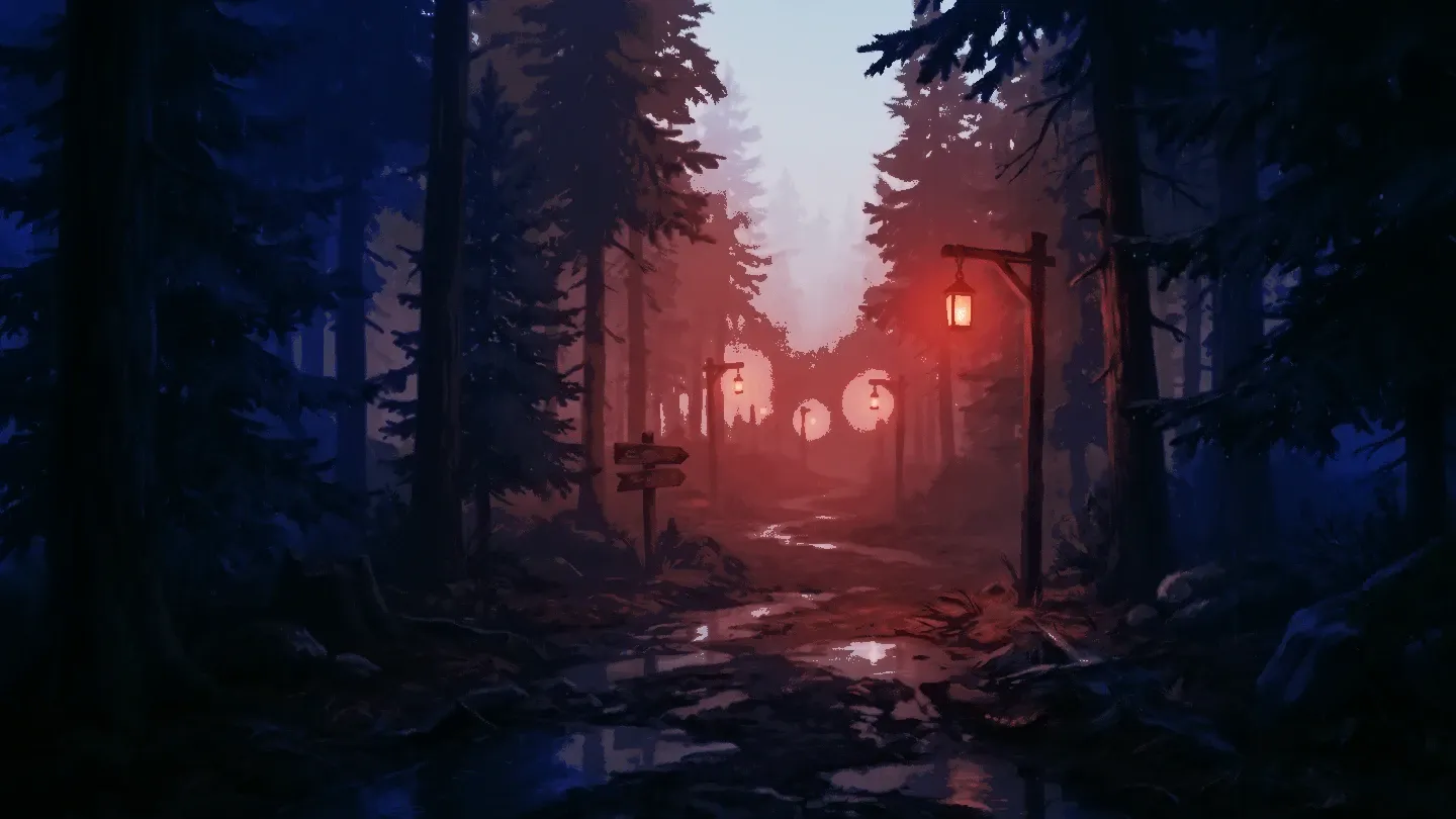 Rain path winding through the hollow forest toward distant lamps.