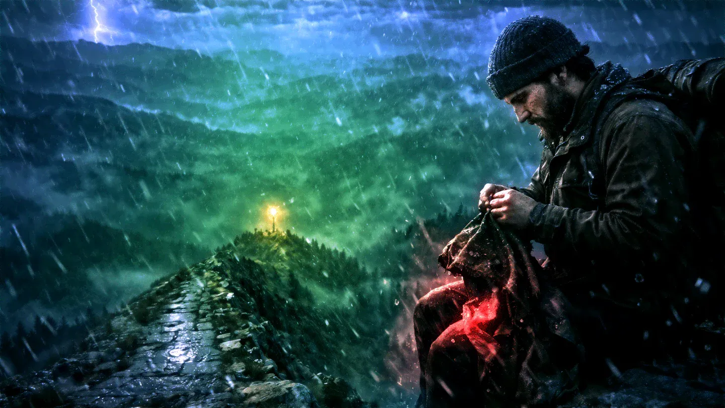 Ridge approach with a lone courier under muted teal evening light.