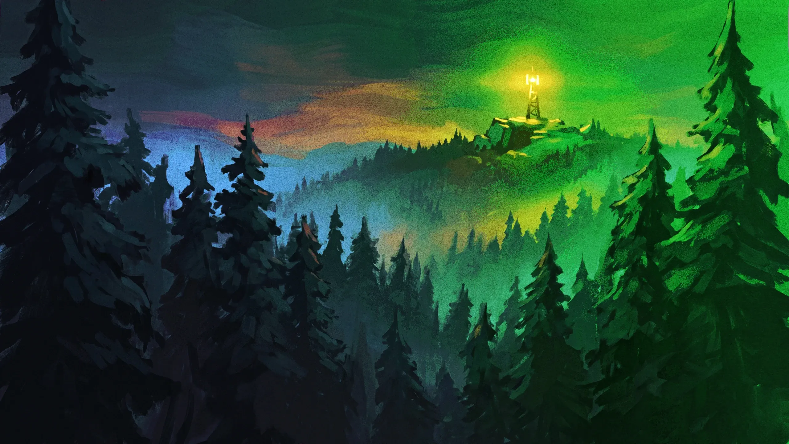 Dark forest valley with a distant glowing signal structure.